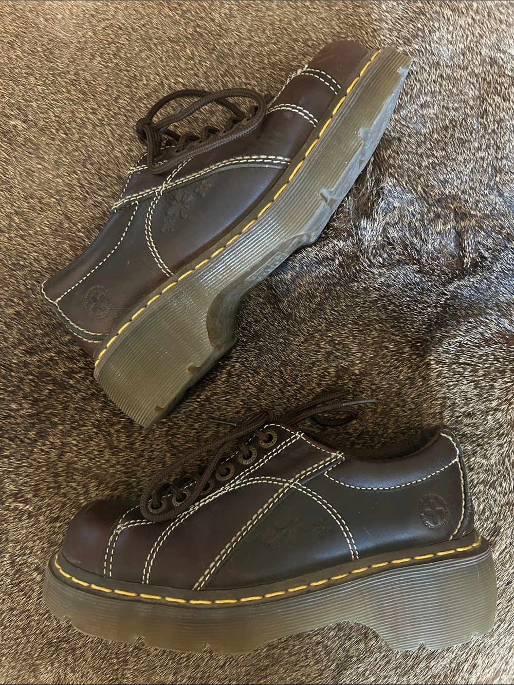 Dr. Martens Dark Brown Leather Platform Derby Shoes with Yellow Stitching